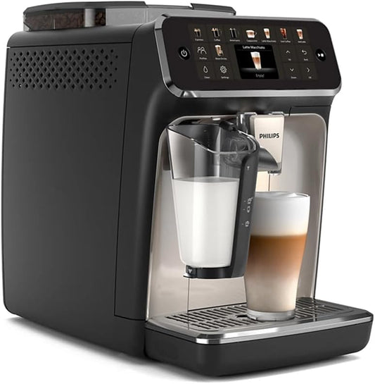 Philips Series 5500 Fully Automatic Coffee Machine - LatteGo Milk System, 20 Hot and Cold Coffee Specialities, 40% Quieter with SilentBrew, QuickStart, Black Chrome Plated (EP5547/90)