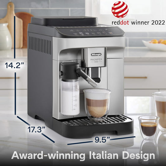 De'Longhi Magnifica Evo - Fully Automatic Cream Milk Foam Coffee Machine with 7 One-Touch Drinks, Cappuccino & Espresso, Coffee Machine, Soft Touch Control Panel, Silver (ECAM292.81.SB)