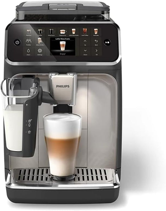 Philips Series 5500 Fully Automatic Coffee Machine - LatteGo Milk System, 20 Hot and Cold Coffee Specialities, 40% Quieter with SilentBrew, QuickStart, Black Chrome Plated (EP5547/90)